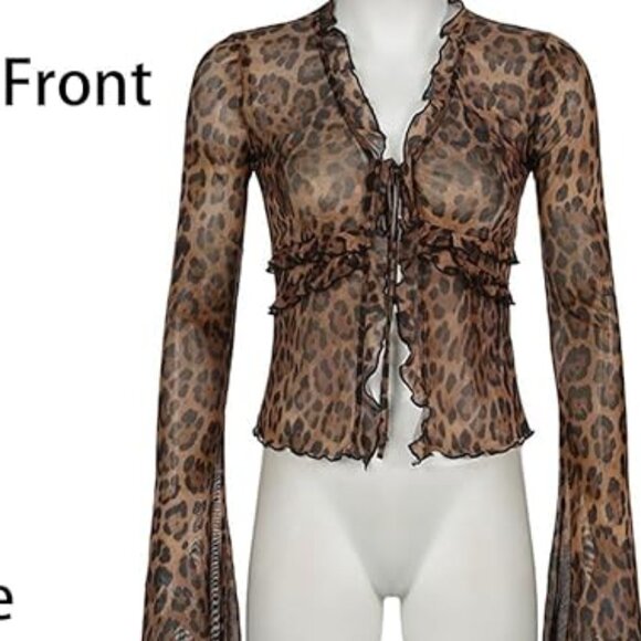 Sheer Mesh Top Leopard Cardigan Cheetah Y2K Ruffle Tie Front Blouse Large NWT - Picture 4 of 9